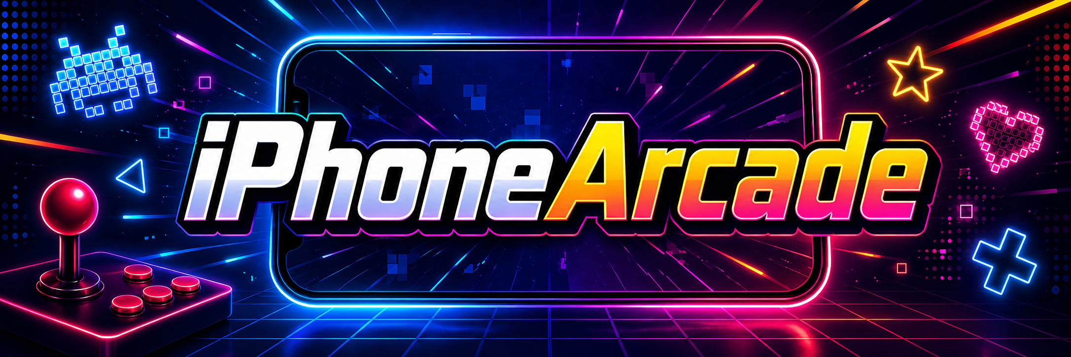 Neon-styled logo for iPhone Arcade surrounded by glowing arcade game icons like joysticks, stars, and pixel blocks on a dark digital background.